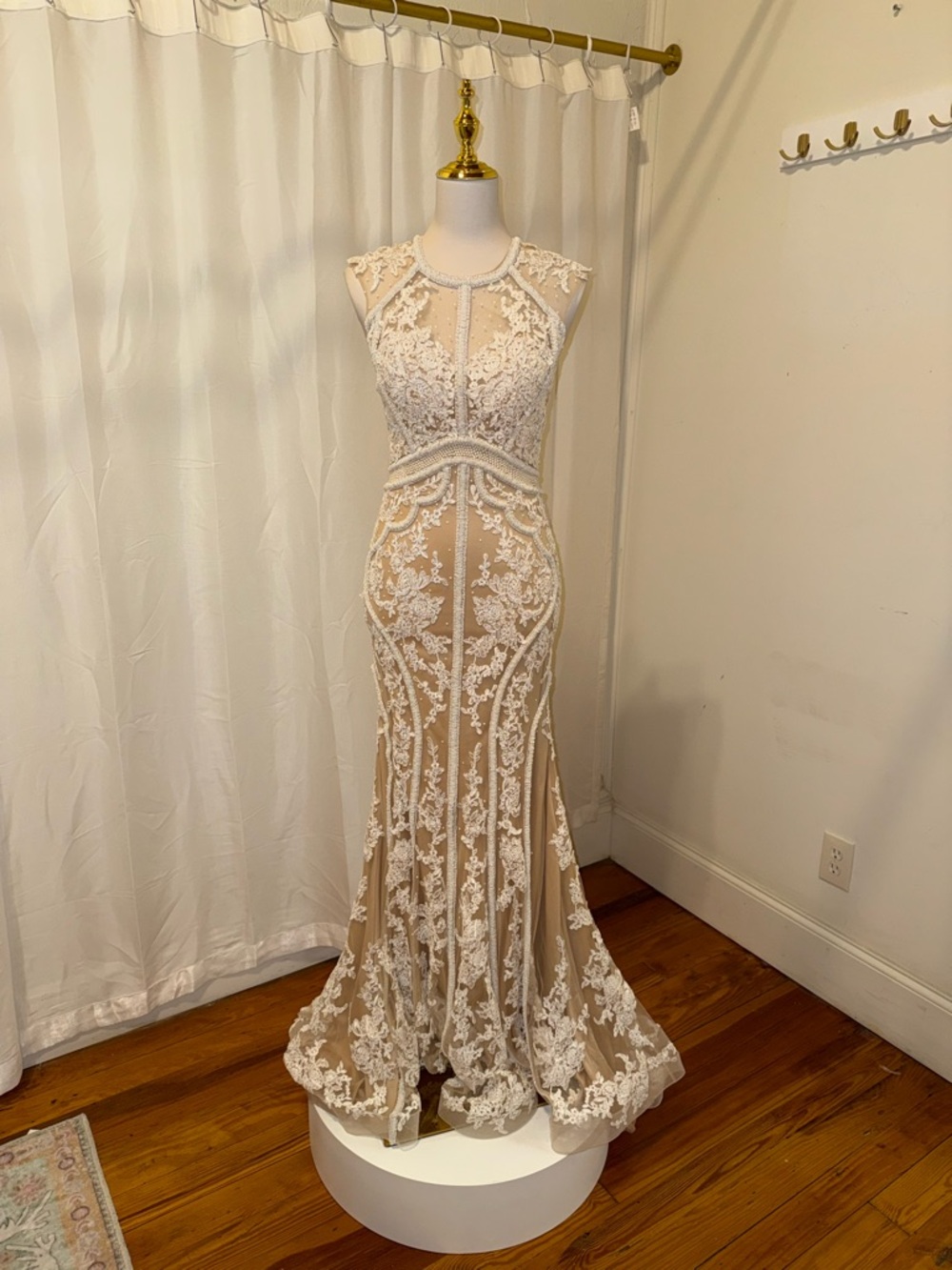 Christina Wu Nude and Ivory Lace Mermaid Gown